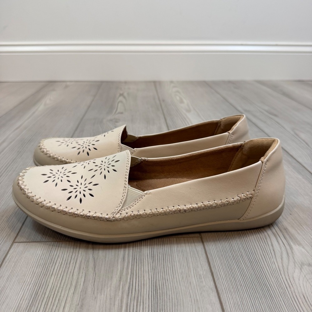 Earth Origins Freya Sand White Leather Laser Cut Loafers Flats Womens 12 M